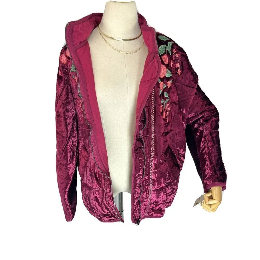 Free People x Anna Sui Rose Garden Velvet Embroidery Dolman Quilted Jacket New M